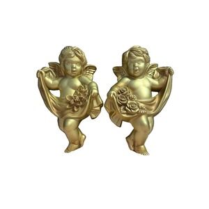 Vtg Cherub Wall Hangings Angel Baby Gold Floral Hollywood Regency MCM 60s Set 2